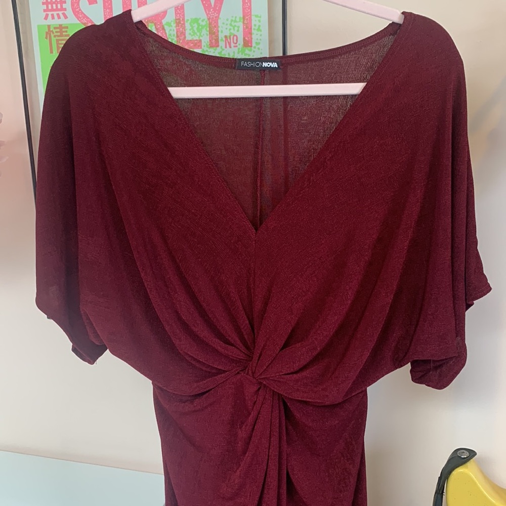 Slit-front Burgundy Fashion Nova Midi Twist Dress | size M/L